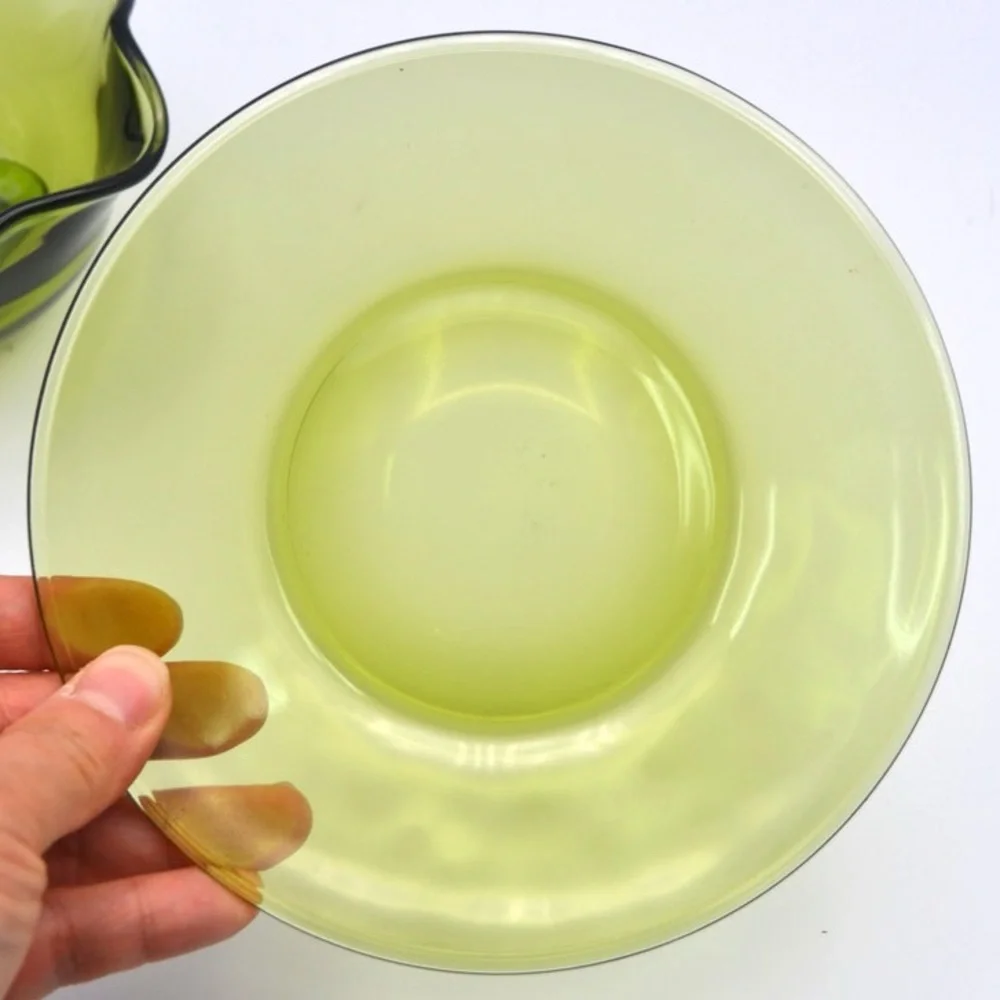 Vintage 70s Green Glass Bowl Plate Serving Spoon Set 1970s Fluted Ribbon Rim MCM